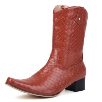 Pointed Toe Chunky Heels Knee Highs Wicker Pattern Autumn Winter Side Zipper Western Boots - Brown