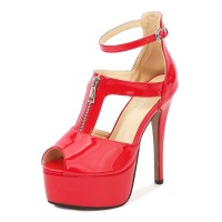 Peep Toe Stiletto Heels Ankle Buckle Zipper T Straps Platforms Sandals - Red Patent