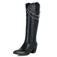 Pointed Toe Chunky Heels Chain Decorated Western Style Crocodile Pattern Knee Highs Boots - Black