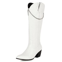 Pointed Toe Chunky Heels Chain Decorated Western Style Crocodile Pattern Knee Highs Boots - White