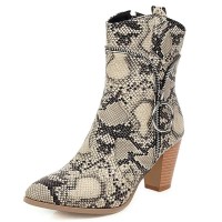 Pointed Toe Chunky Heels Side Zipper Ankle High Snake Print Half Cowboy Booties - Beige