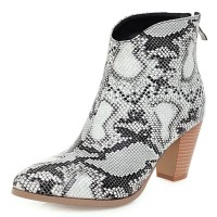 Pointed Toe Chunky Heels Back Zipper Ankle High Snake Print Half Cowboy Booties - White