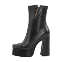 Square Toe Low Platforms Chunky Heels Ankle Highs Side Zipper Boots - Black