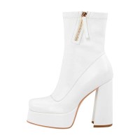 Square Toe Low Platforms Chunky Heels Ankle Highs Side Zipper Boots - White