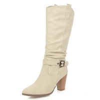 Pointed Toe Ankle Decorated Straps Pull On Chunky Heels Western Cowboy Boots - Beige