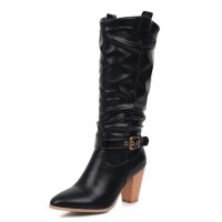Pointed Toe Ankle Decorated Straps Pull On Chunky Heels Western Cowboy Boots - Black