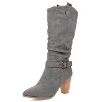 Pointed Toe Ankle Decorated Straps Pull On Chunky Heels Western Cowboy Boots - Gray