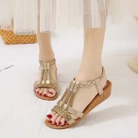 Peep Toe Bohemian Style Ankle Slingback Rhinestones Platforms Outdoor Beach Wedges Sandals - Gold Faux Leather