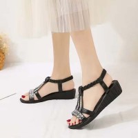 Peep Toe Bohemian Style Ankle Slingback Rhinestones Platforms Outdoor Beach Wedges Sandals - Black Faux Leather