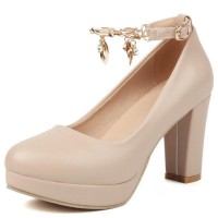 Round Toe Chunky Heels Ankle Buckle Crystal Straps Low Platforms Pumps - Beige