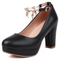 Round Toe Chunky Heels Ankle Buckle Crystal Straps Low Platforms Pumps - Black