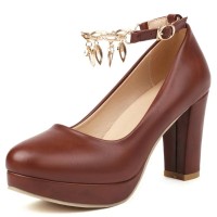 Round Toe Chunky Heels Ankle Buckle Crystal Straps Low Platforms Pumps - Brown