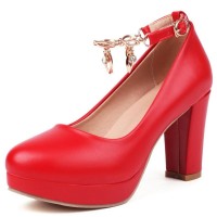 Round Toe Chunky Heels Ankle Buckle Crystal Straps Low Platforms Pumps - Red