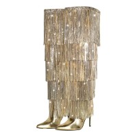 Pointed Toe Fringe Mettalic Slim Over The Knee Thigh High Stiletto Dance Boots - Gold
