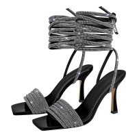 Square Open Toe Sparkling Rhinestones Stiletto Open back Wrapped Gladiator Lace Up Blings Sandals - Black