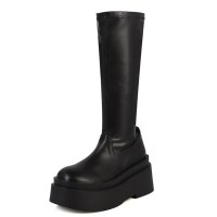 Round Toe Platforms Split Leather Knee Highs Wedges Boots - Black