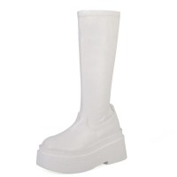 Round Toe Platforms Split Leather Knee Highs Wedges Boots - White