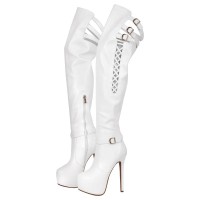 Round Toe Platforms Stiletto Heels Over The Knee Thigh High Stiletto Punk Biker Boots - White
