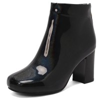 Round Toe Chunky Heels Candy Color Ankle High Back Zipper Boots - Black
