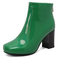 Round Toe Chunky Heels Candy Color Ankle High Back Zipper Boots - Green