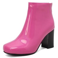 Round Toe Chunky Heels Candy Color Ankle High Back Zipper Boots - Rose Red