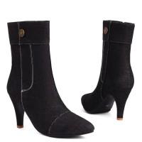 Pointed Toe Kitten Heels Ankle Highs Side Zipper Denim Booties - Black