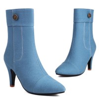 Pointed Toe Kitten Heels Ankle Highs Side Zipper Denim Booties - Blue