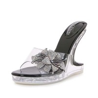 Peep Toe Strange Style Transparents Heels Rhinestones Bling Flower Sandals - Black PVC