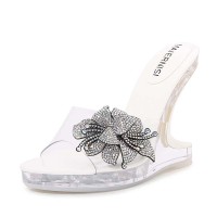 Peep Toe Strange Style Transparents Heels Rhinestones Bling Flower Sandals - White PVC