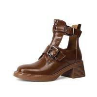 Round Toe Belt Buckles Chunky Heels British Style Retro Ankle Highs Boots - Brown Leather