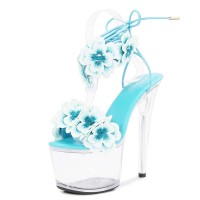 Peep Toe Stiletto Heels Flowers Transparent Platforms Gladiator Lace Up Sandals - SkyBlue PVC