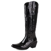 Pointed Toe Chunky Heels Knee Highs Metallic Western Cowgirl Boots - Black