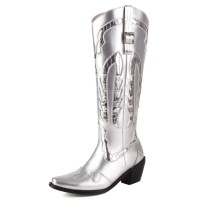 Pointed Toe Chunky Heels Knee Highs Metallic Western Cowgirl Boots - Silver