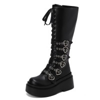 Round Toe Platforms Heart Shape Buckle Straps Side Zipper Knee Highs Wedges Boots - Black