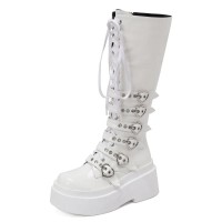 Round Toe Platforms Heart Shape Buckle Straps Side Zipper Knee Highs Wedges Boots - White