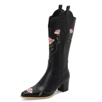 Pointed Toe Chunky Heels Knee Highs Flower Embroidery Pattern Western Cowgirl Boots - Black