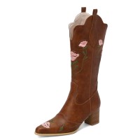 Pointed Toe Chunky Heels Knee Highs Flower Embroidery Pattern Western Cowgirl Boots - Brown
