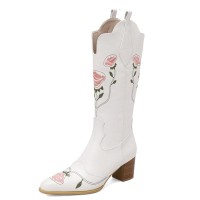 Pointed Toe Chunky Heels Knee Highs Flower Embroidery Pattern Western Cowgirl Boots - White