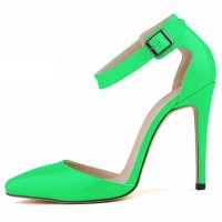 Pointed Toe Stiletto Heels Ankle Buckle Straps Dorsay Sandals Pumps - Green Faux Leather