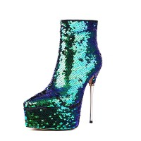 Pointed Toe Stiletto Metal Heels Bling Sequined Ankle Highs Platform Boots - Green Faux Leather