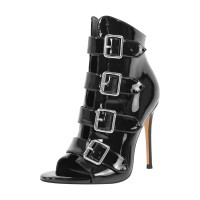 Stiletto Heels Peep Toe Ankle High Side Zipper Buckle Straps Sandals Booties - Black Patent