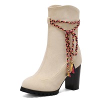 Round Toe Riband Decorated Ankle High Chunky Heels Boots - Apricot Tan