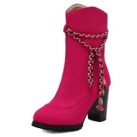 Round Toe Riband Decorated Ankle High Chunky Heels Boots - Rose Red