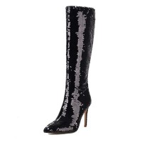 Pointed Toe Stiletto Heels Bling Sequin Side Zipper Knee Highs Boots - Black Faux Leather