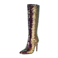 Pointed Toe Stiletto Heels Bling Sequin Side Zipper Knee Highs Boots - Gold Faux Leather