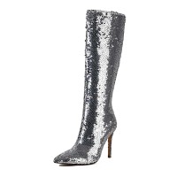 Pointed Toe Stiletto Heels Bling Sequin Side Zipper Knee Highs Boots - Silver Faux Leather