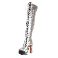 Pointed Toe Chunky Heels Bling Sequin Lace Up Thigh Highs Platforms Boots - Silver Faux Leather