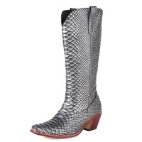 Pointed Toe Chunky Heels Knee Highs Snake Print Western Cowgirl Boots - Silver