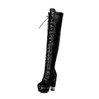 Round Toe Chunky Heels Bling Sequin Lace Up Thigh Highs Platforms Boots - Black Faux Leather