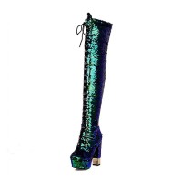 Round Toe Chunky Heels Bling Sequin Lace Up Thigh Highs Platforms Boots - Green Faux Leather